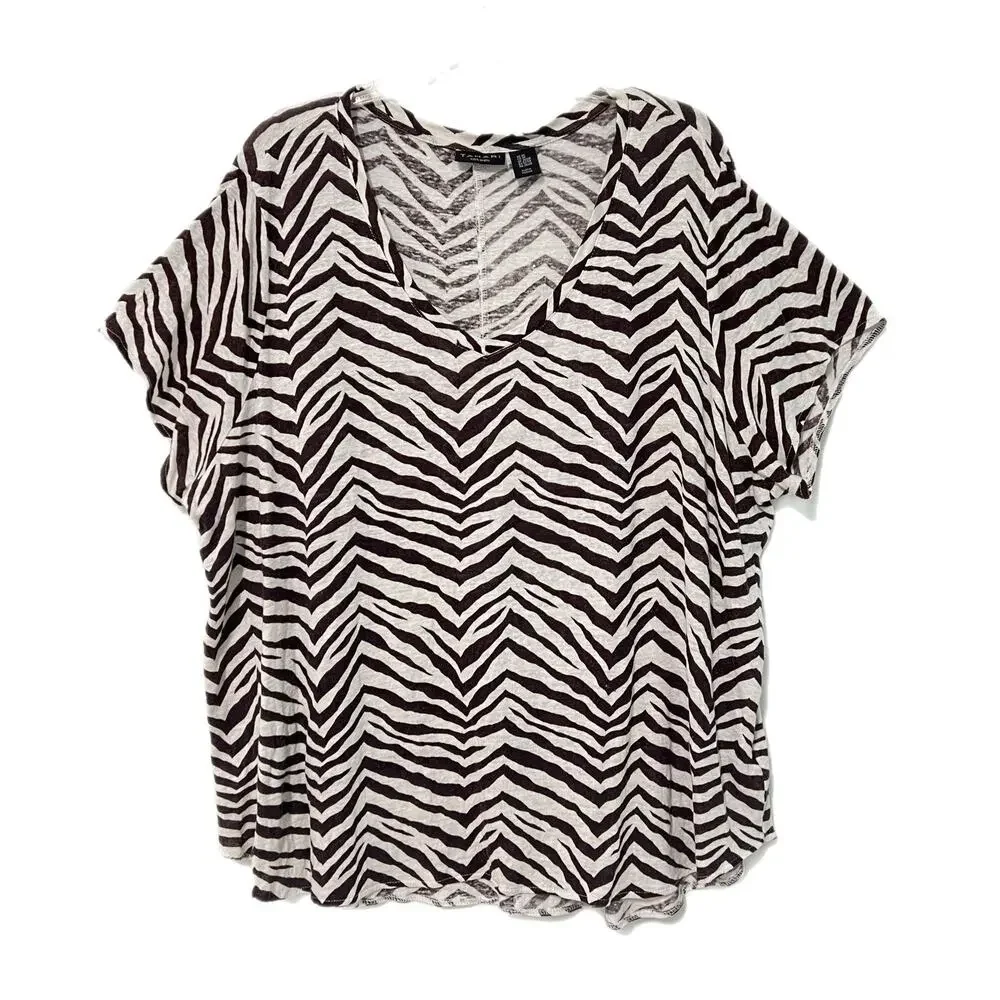 Tahari Tunic Top Women 3X 100% Linen Short Sleeve V-Neck Tee Shirt Zebra Print